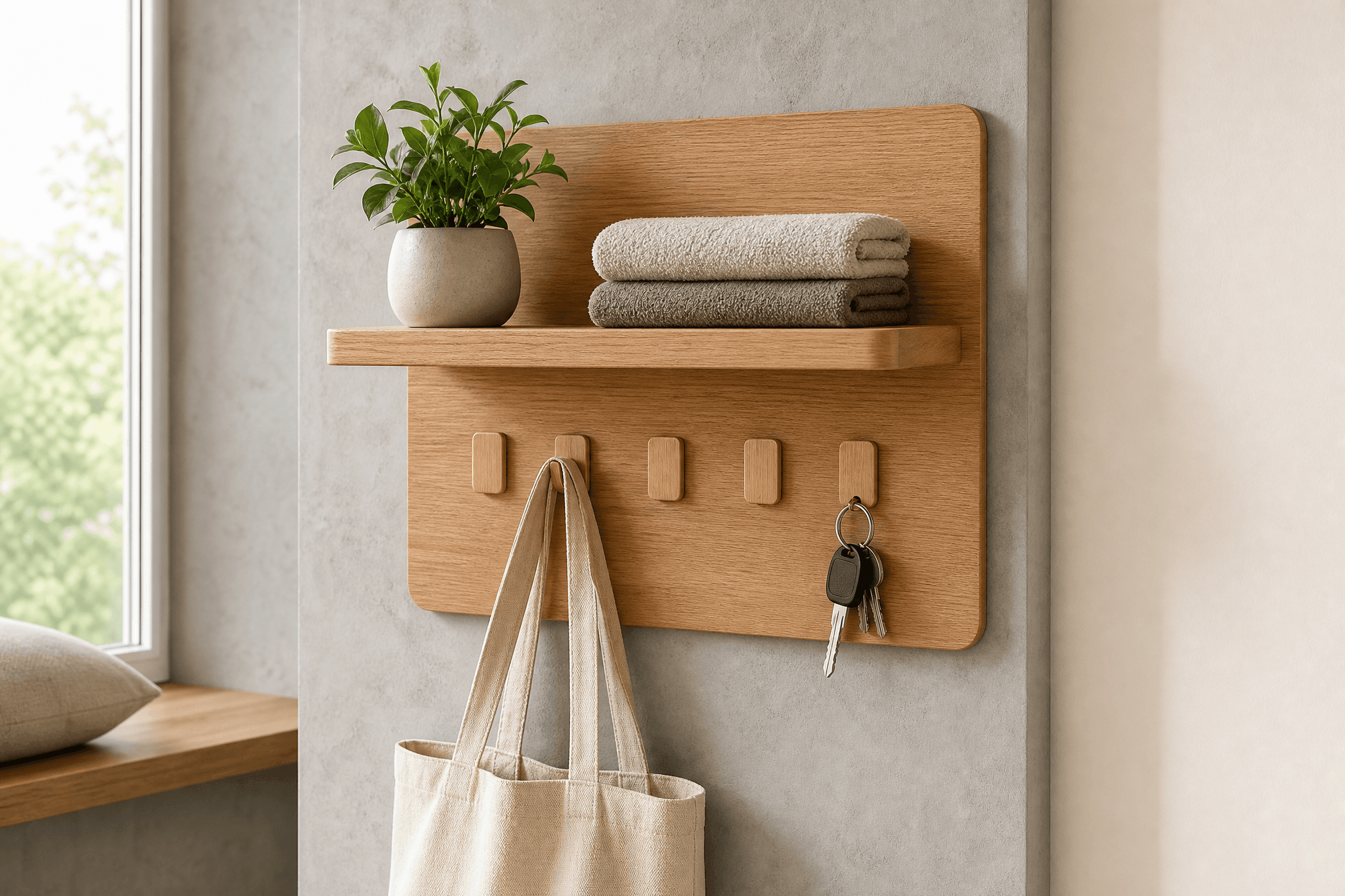 Warm oak wall with an adhesive floating shelf and tidy no-drill hooks holding a tote and keys
