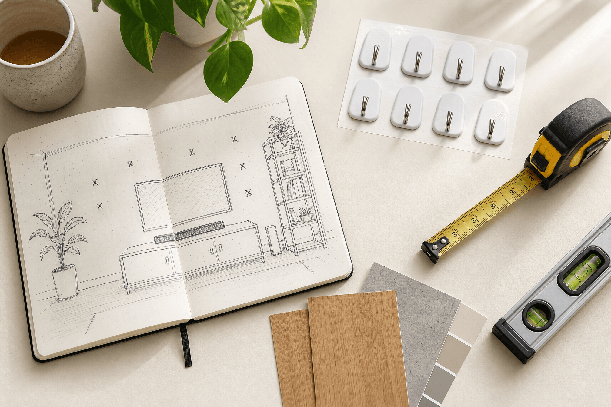 A planning desk with a room sketch, adhesive hooks, a level and swatches