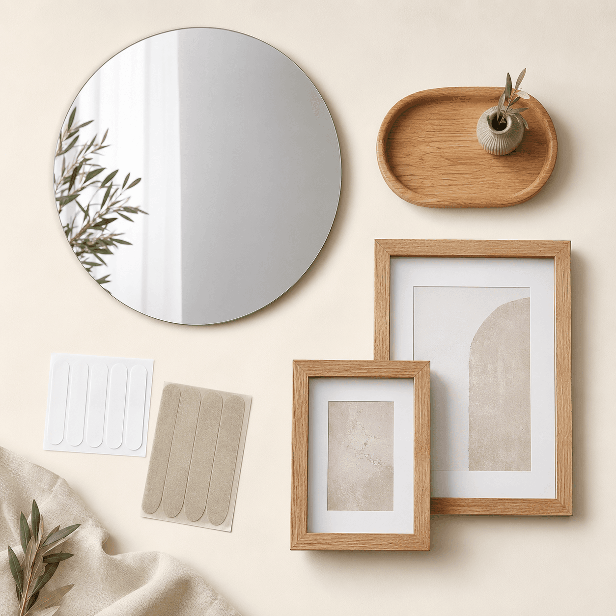 Decor Mount Trio — includes Frameless decorative mirror (no-nail), Decorative tray, Photo frames x2, Hanging strips