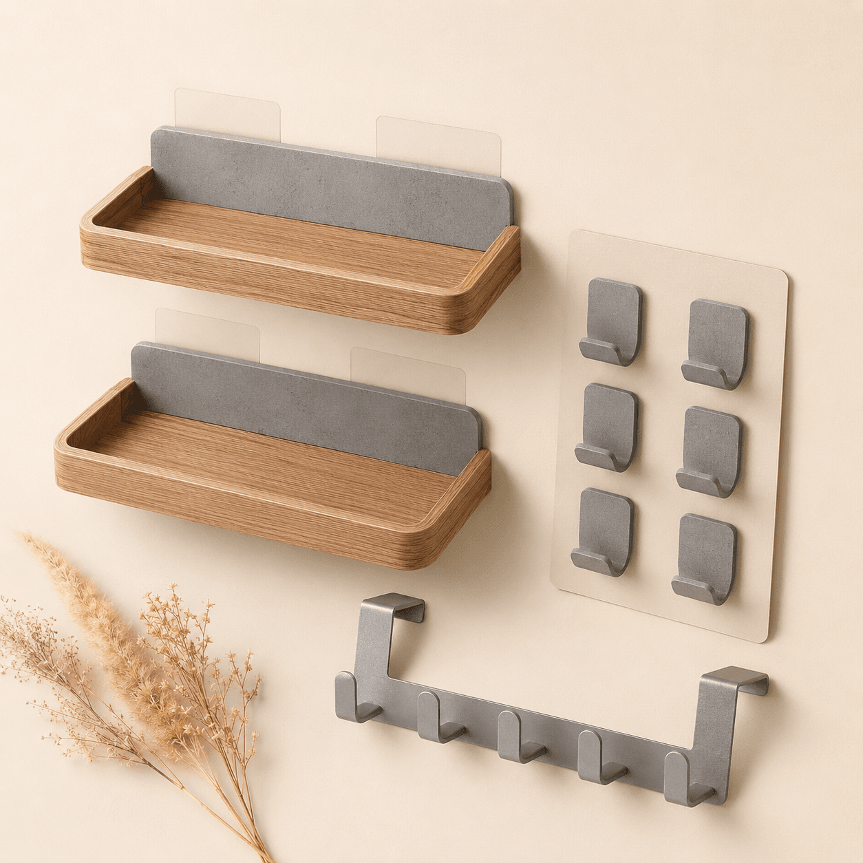 No-Drill Wall Starter — includes No-drill floating shelves x2 (rated), Adhesive hook set, Over-the-door hook