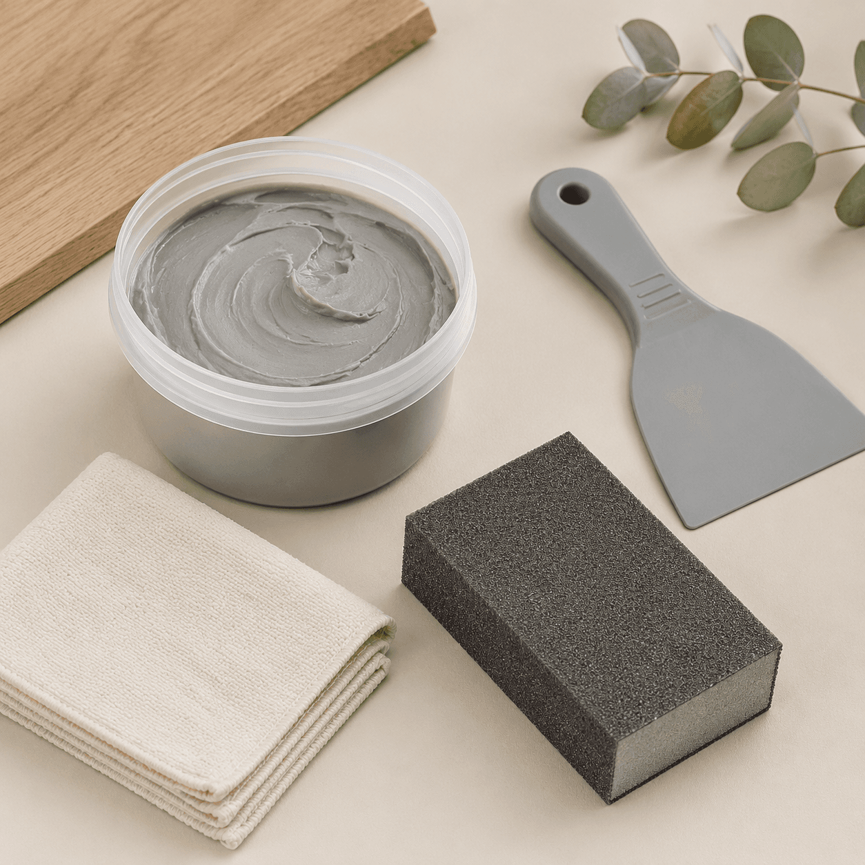 Seal & Finish Kit — includes Gap filler putty, Smoothing scraper, Sanding block, Lint-free finishing cloth